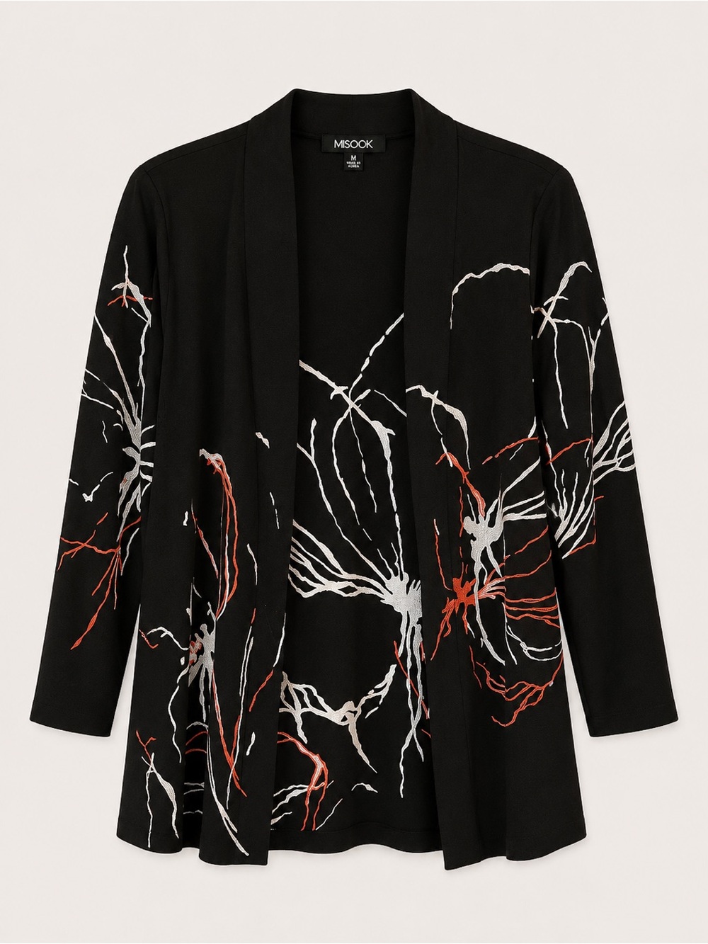 Misook Black Open-Front Cardigan with White and Rust Floral Lines